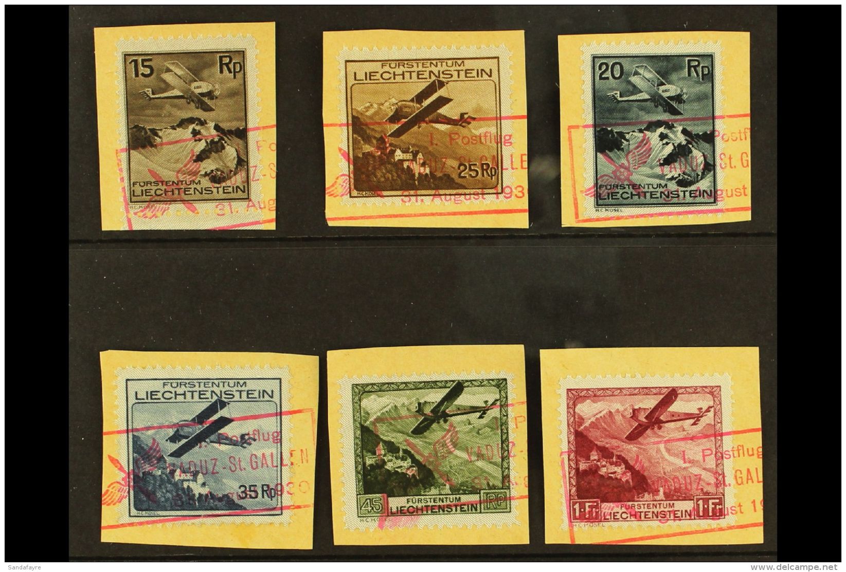 1930 Air Complete Set (Michel 108/13, SG 110/15), Very Fine Used All On Pieces Tied By Red Boxed "I. Postflug /... - Sonstige & Ohne Zuordnung