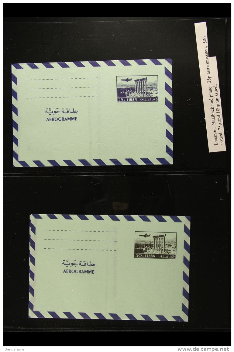 1968 UNISSUED AEROGRAMME SET "Baalbeck &amp; Plane" Set Of 4 Unissued, 25p Blue, 50p Black, 75p Brown &amp; 100p... - Libanon