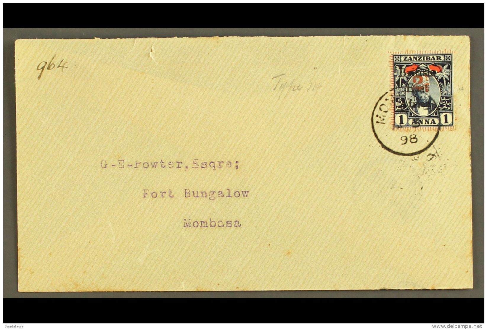 BRITISH EAST AFRICA 1898 Local Mombasa Cover Franked "2&frac12;" On 1a Indigo And Red Of Zanzibar, SG 88, Tied By... - Vide