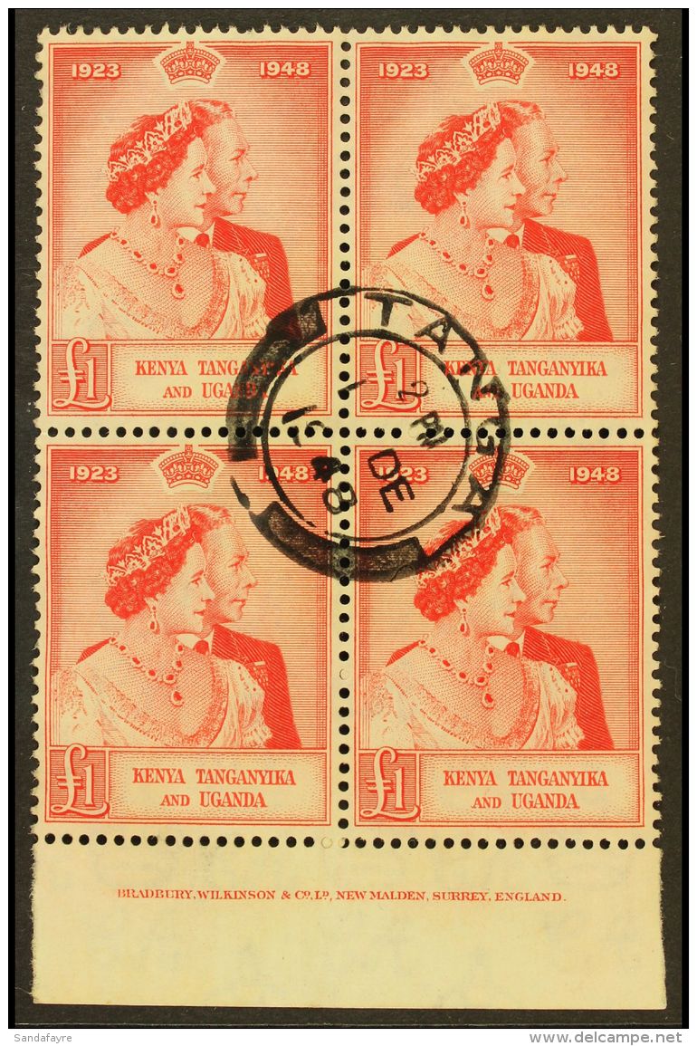 1948 &pound;1 Scarlet Royal Silver Wedding, SG 158, Marginal Imprint BLOCK OF FOUR With Fine Central Cds Cancel.... - Vide