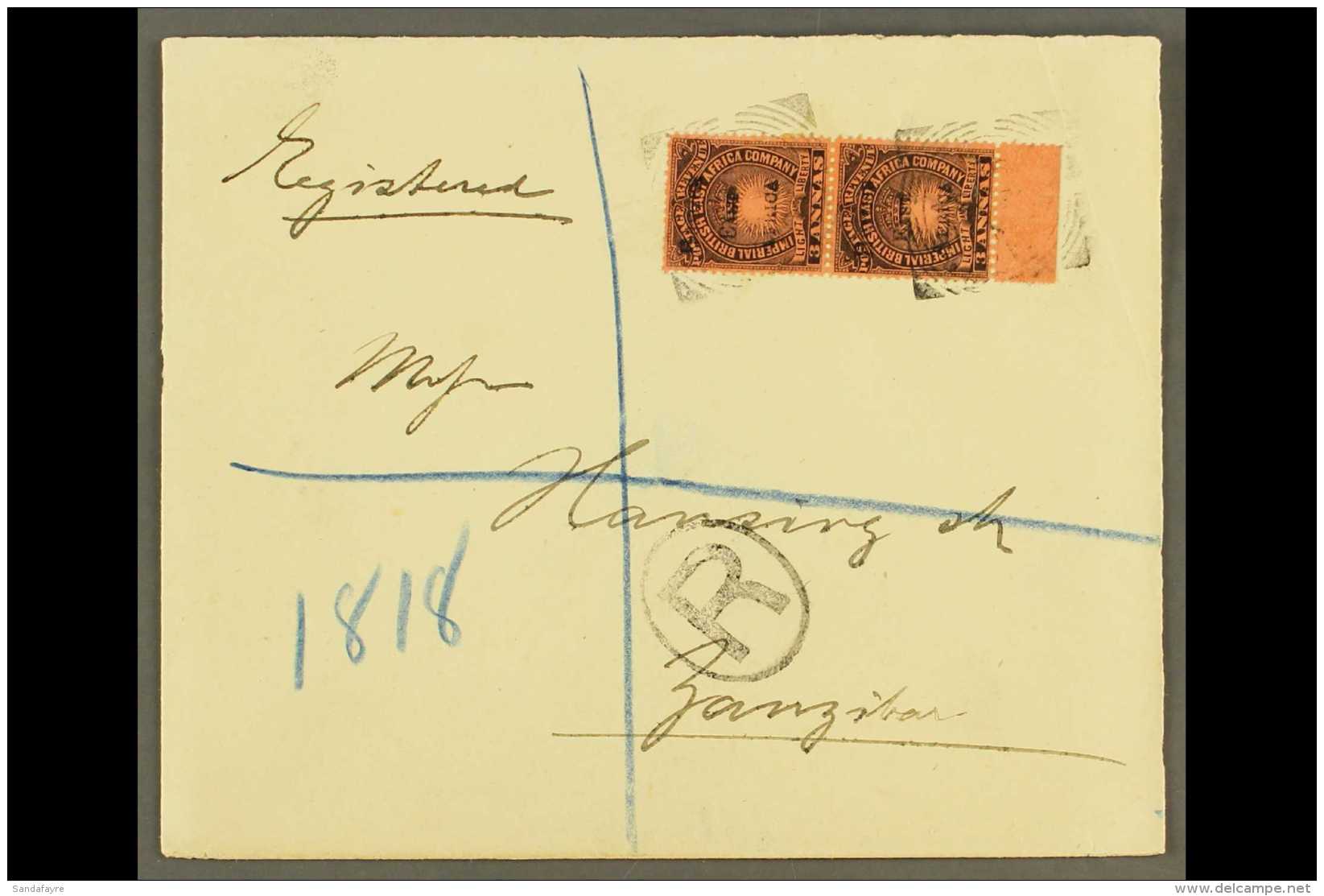1895 (25 Dec) Env Registered To Zanzibar Bearing A  PAIR Of The 3a Black On Dull Red Stamps With Handstamped... - Vide