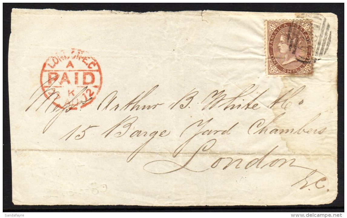 1860-70 1s Dull Brown, Pineapple Watermark SG 6b, On A Cover Front To London Tied By AO1 Cancel, Dated Arrival... - Jamaica (...-1961)
