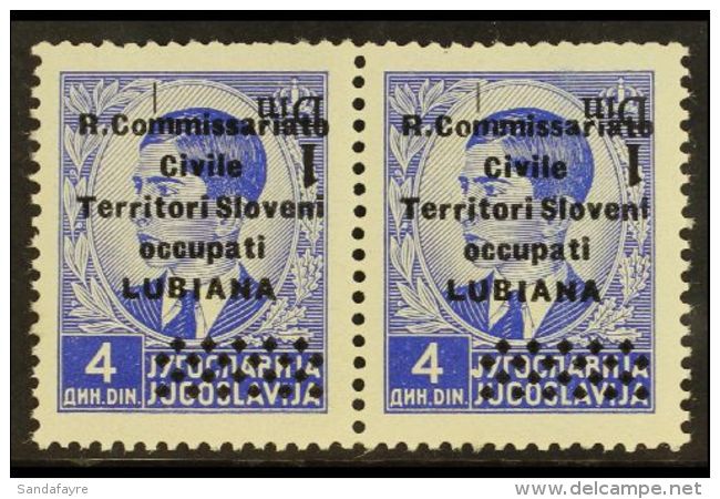 LUBIANA 1941 1d On 4d Bright Blue With INVERTED SURCHARGE Variety, Sassone 40a, Never Hinged Mint Horizontal PAIR,... - Ohne Zuordnung