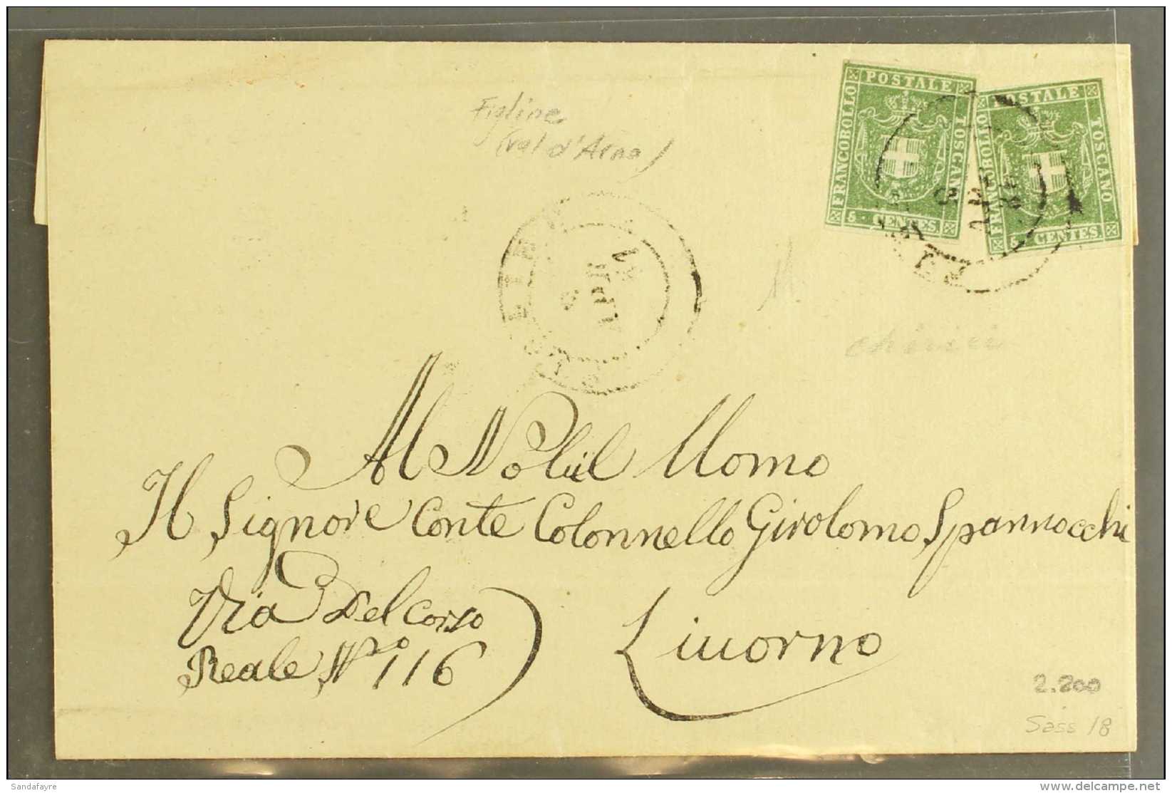 TUSCANY 1861 Cover Addressed To Count Colonel Girolom Spannocchi Franked 1860 5c Green (2) Sent From Florence To... - Zonder Classificatie