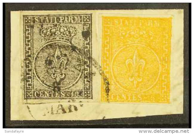 PARMA 1852 10c Black On White And 1853 5c Orange Yellow, Sass 2+6, Very Fine Used Together On Piece Tied By... - Ohne Zuordnung