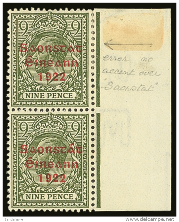 1922-23 9d Olive Green, Vertical Right Marginal Pair, One With NO ACCENT Variety, SG 61, Very Fine Mint. For More... - Sonstige & Ohne Zuordnung