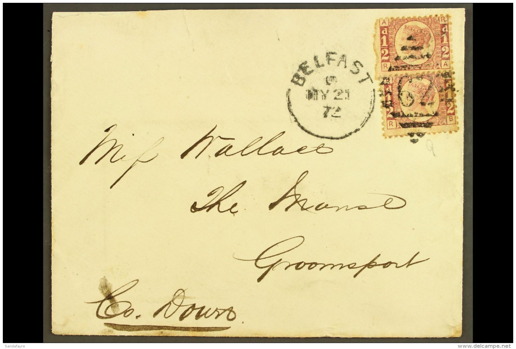 1872 (21 May) Env To Groomsport, Co. Down Bearing TWO 1870 &frac12;D ROSE PLATE 9's (SG 49) Tied By Pretty Single... - Andere & Zonder Classificatie