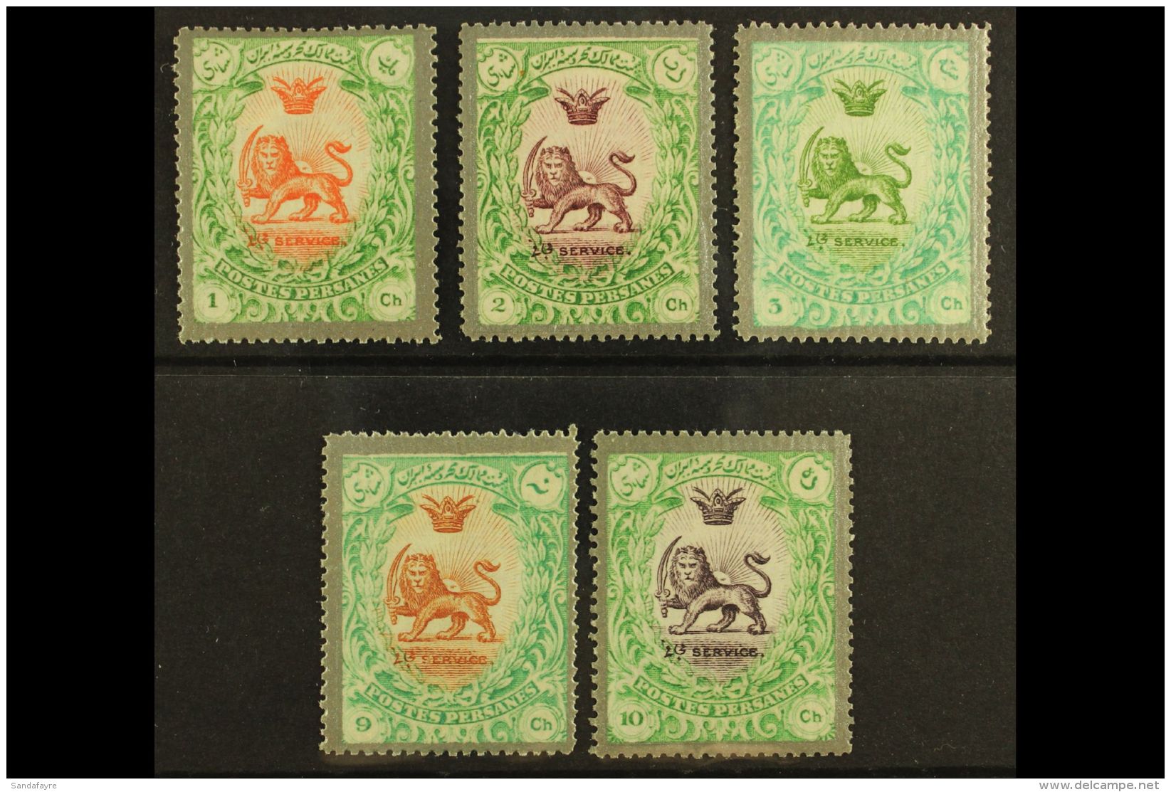 1910 Unissued Saatdjian Coronation Five Different (1ch, 2ch, 3ch, 9ch &amp; 10ch Values) Official Stamps With... - Iran