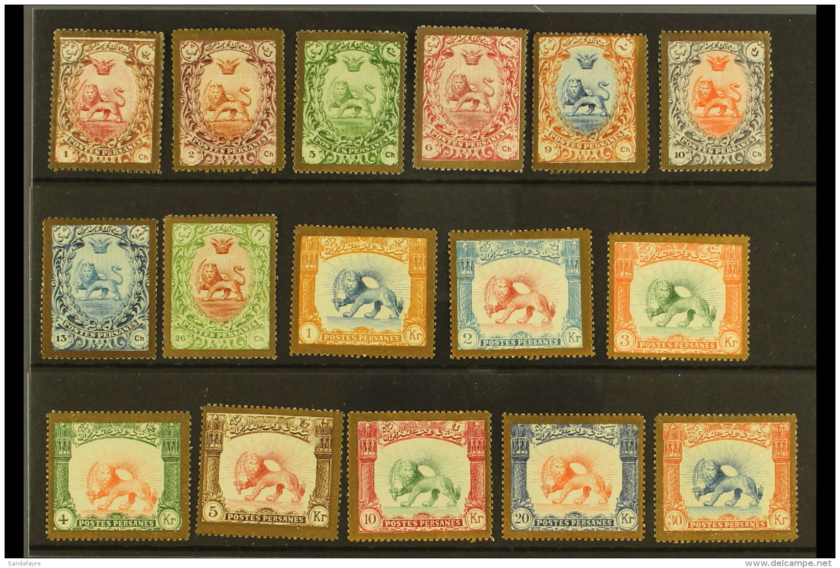 1910 Unissued Saatdjian Coronation Complete Postage Set With Golden Borders, Persiphila C21/36, Very Fine Mint,... - Iran