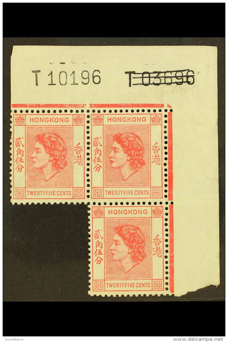 1958 25c Rose-red Irregular Corner Strip Of Three With Original Sheet Requisition Number Cancelled By 3 Printed... - Andere & Zonder Classificatie