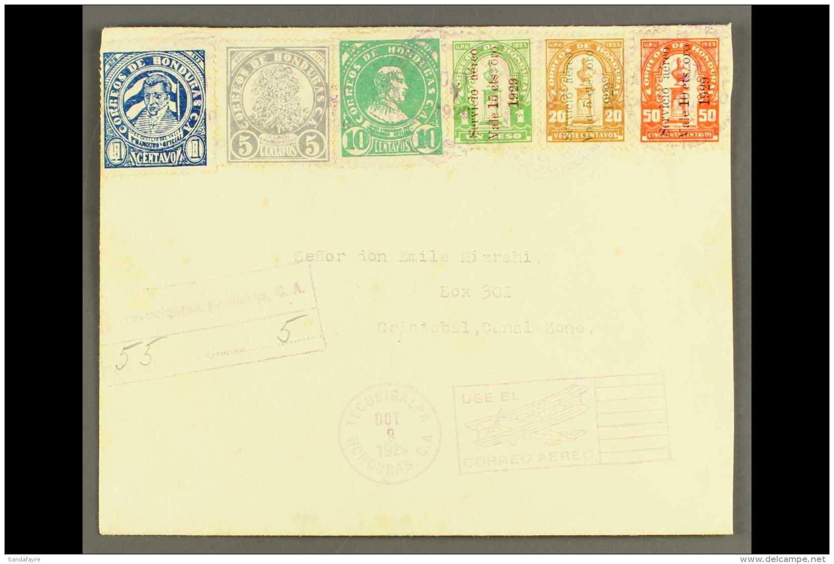 1929 (7 Oct) Registered Airmail Cover To Canal Zone, Bearing Six Different Stamps Tied By "Tegucigalpa" Cds's,... - Honduras