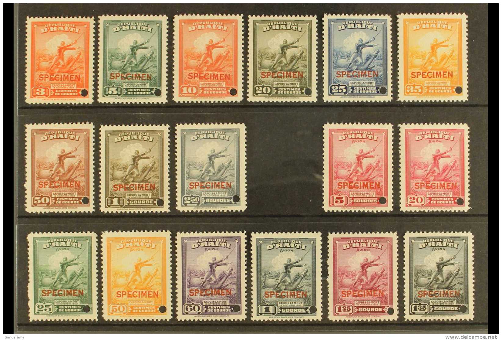 1946 Capois Complete Set With "SPECIMEN" Overprints (SG 400/16, Scott 370/78 &amp; C35/42), Very Fine Never Hinged... - Haiti