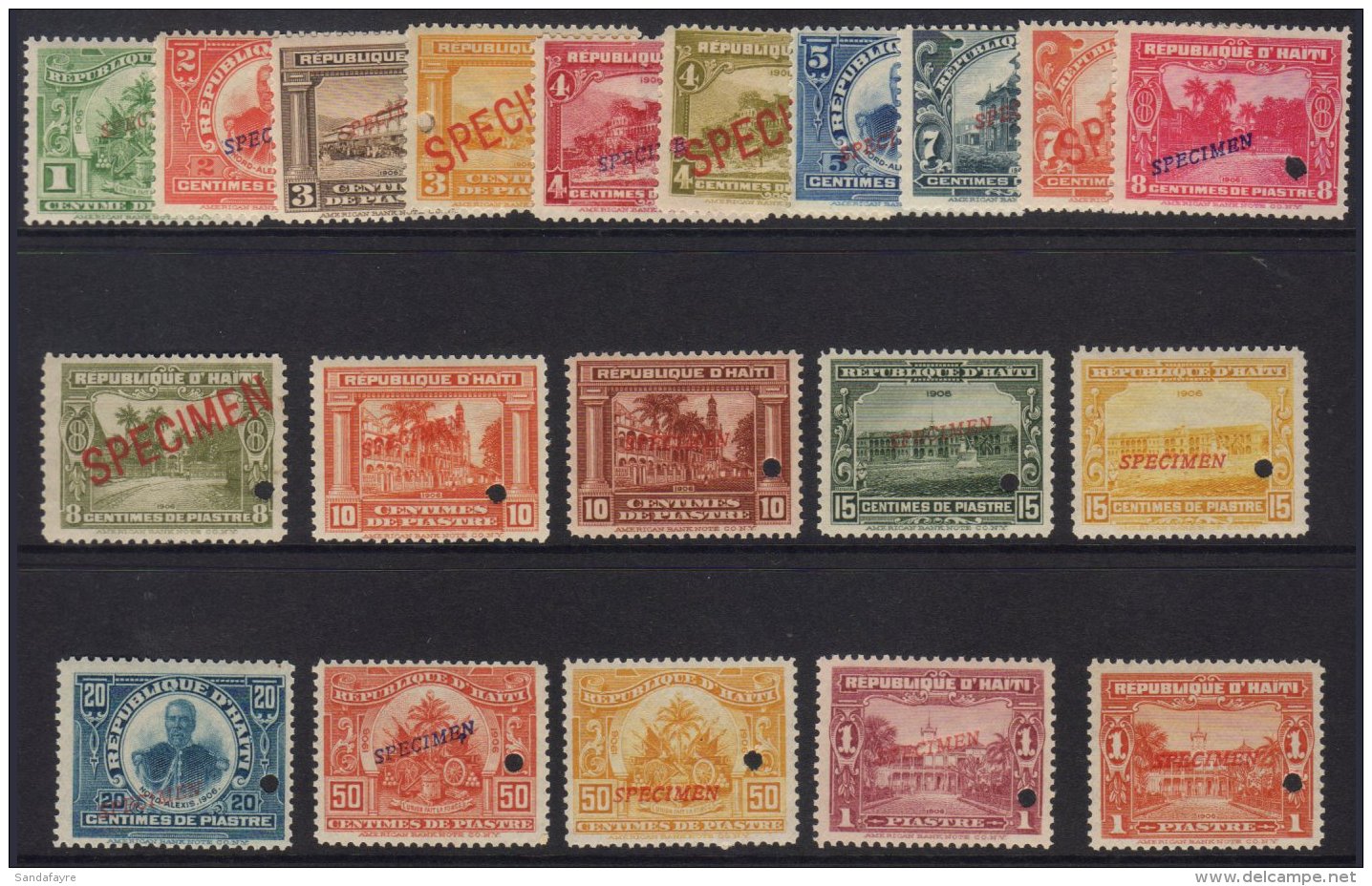 1906-13 Pictorial Complete Set, Scott 125/144, Each With 'SPECIMEN' Overprint And Security Punch Hole, Fresh Never... - Haïti