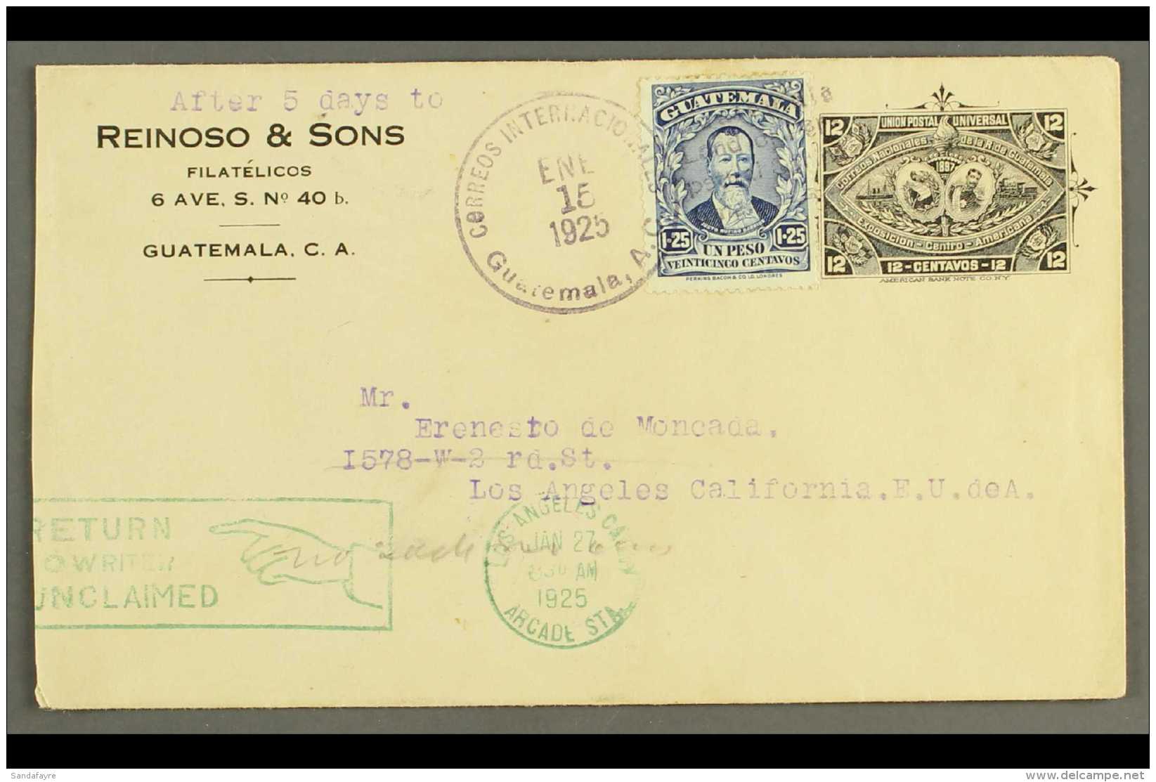 1925 (15 Jan) 12c Black "1897 Expo" Type Printed Postal Stationery Envelope From Guatemala (City) To The United... - Guatemala