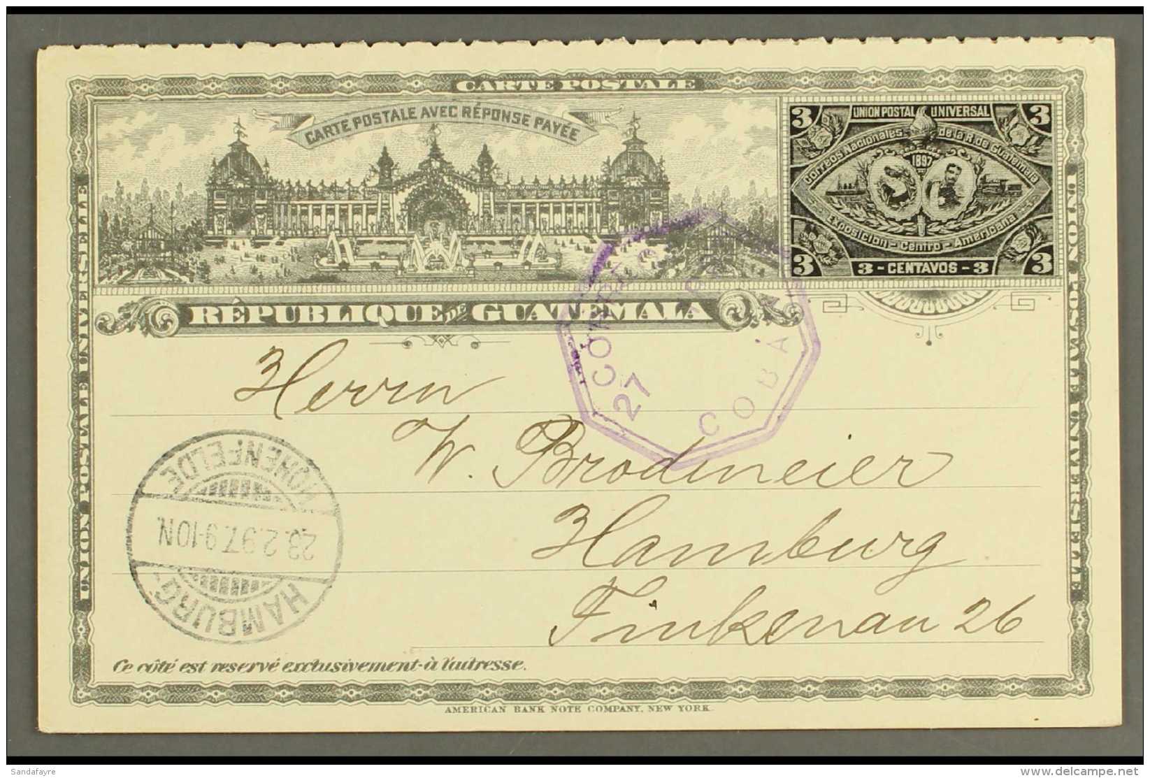 1897 (Feb) 3c+3c Black "Expo" Type Postal Reply Card (both Portions) Postally Used From Coban To Germany,... - Guatemala