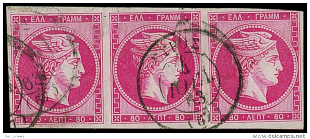 1861-62 FINE ATHENS PRINTING 80L Deep Rose, SG15B , (Vlastos 20), Scarce Horizontal Strip Of Three With Neat 1863... - Sonstige & Ohne Zuordnung