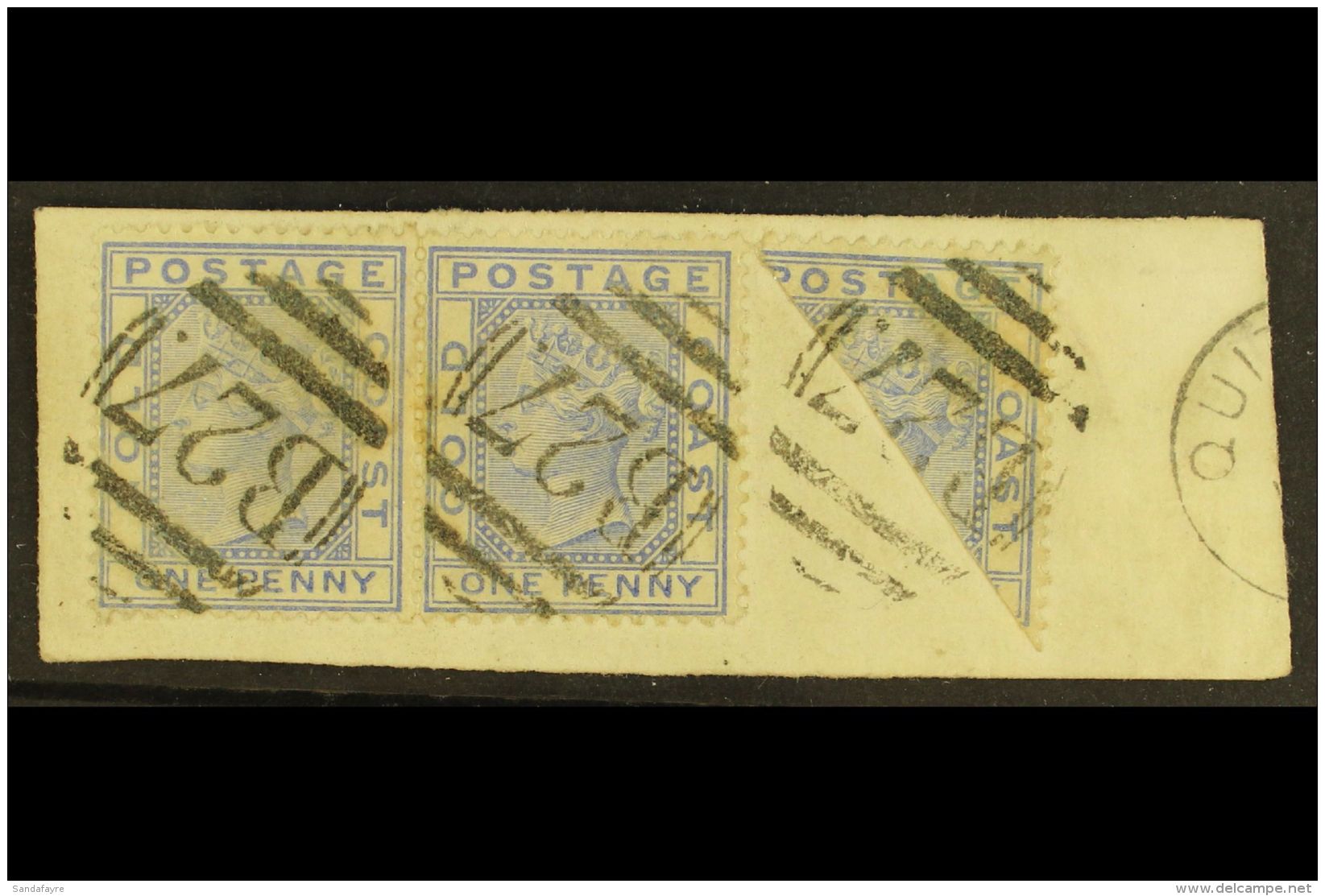 1876-84 1d Blue Pair &amp; 1d Blue BISECTED, SG 5 &amp; 5a, Very Fine Used On Piece Tied By Neat "B27" Cancels,... - Goldküste (...-1957)