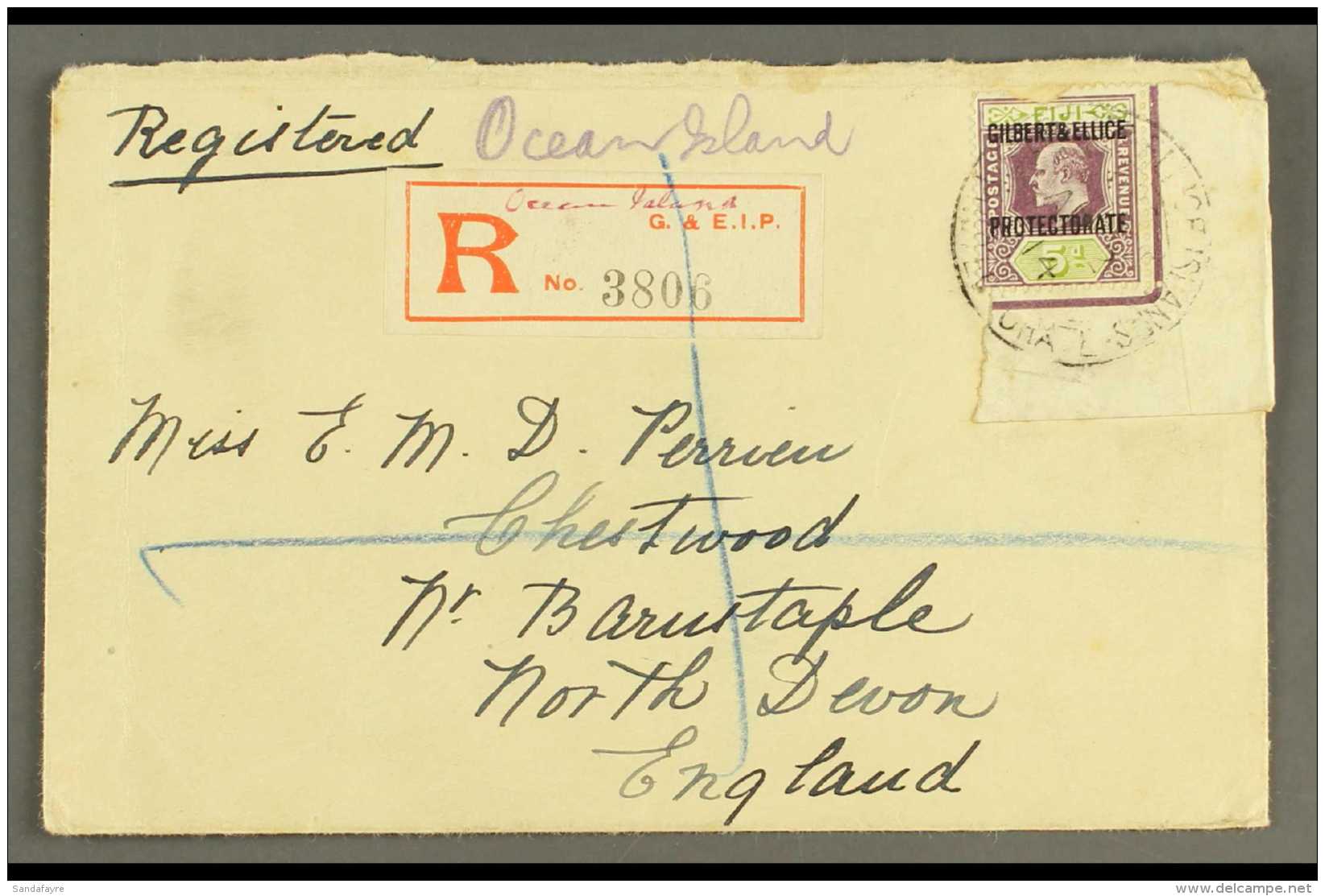 OCEAN ISLAND 1914 Registered Cover To England, Bearing Corner Marginal 5d Ovpt On Fiji (damaged At Top), Cancelled... - Gilbert- Und Ellice-Inseln (...-1979)