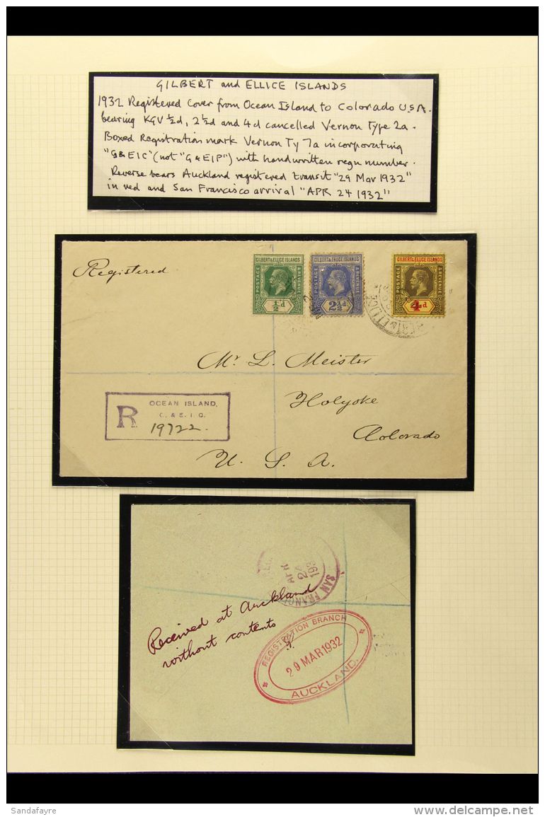 OCEAN ISLAND 1932 Registered Cover To Colorado, USA, Bearing KGV &frac12;d, 2&frac12;d &amp; 4d, Cancelled With... - Gilbert- Und Ellice-Inseln (...-1979)