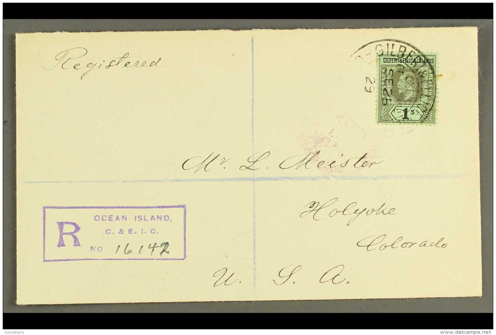 OCEAN ISLAND 1929 Registered Cover To Colorado, USA, Bearing KGV 1s Cancelled With "G.P.O. Ocean Isld." Pmk And... - Îles Gilbert Et Ellice (...-1979)
