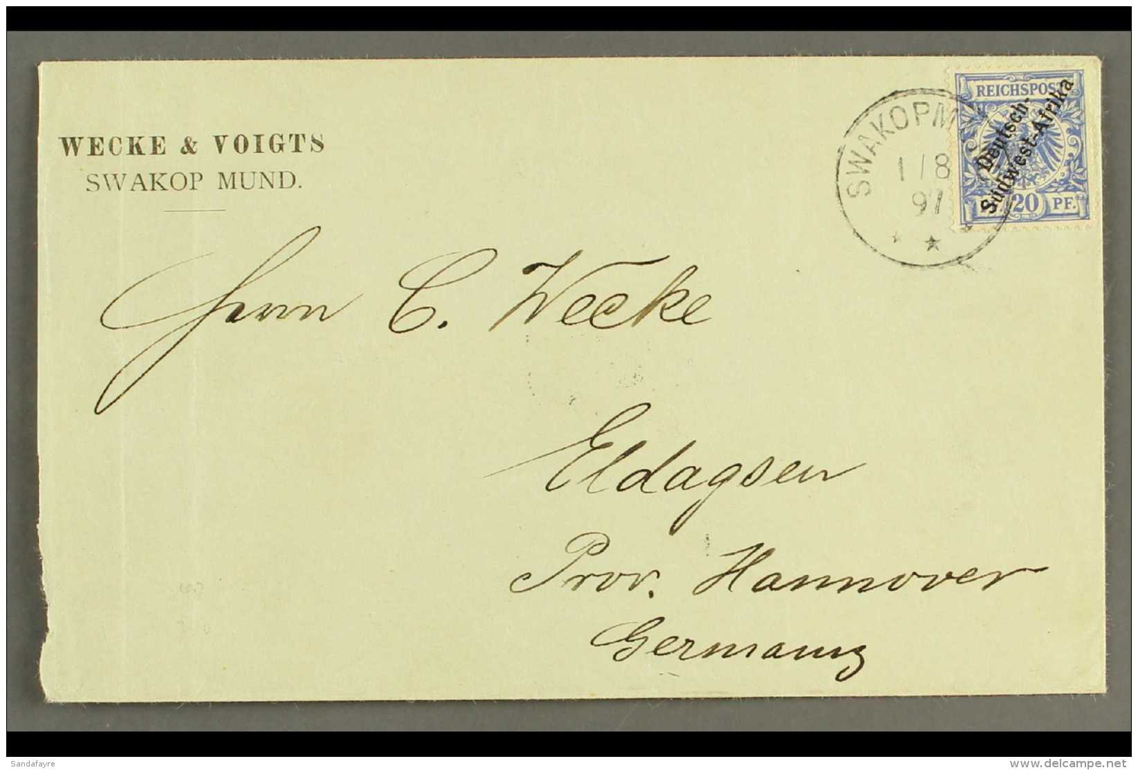 SOUTH WEST AFRICA 1897 (1 Aug) Neat Prtd Cover To Germany Bearing 20pf With Diagonal Opt (Michel 4) Tied By Fine... - Sonstige & Ohne Zuordnung