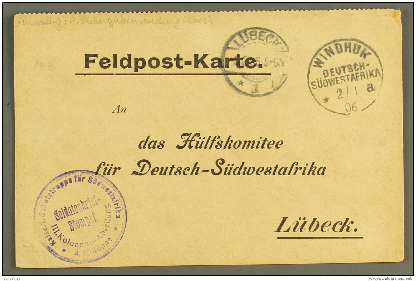 SOUTH WEST AFRICA 1906 (2 Jan) Stampless Feldpost Card With Printed Lubeck Address Showing Very Fine "WINDHUK" Cds... - Sonstige & Ohne Zuordnung