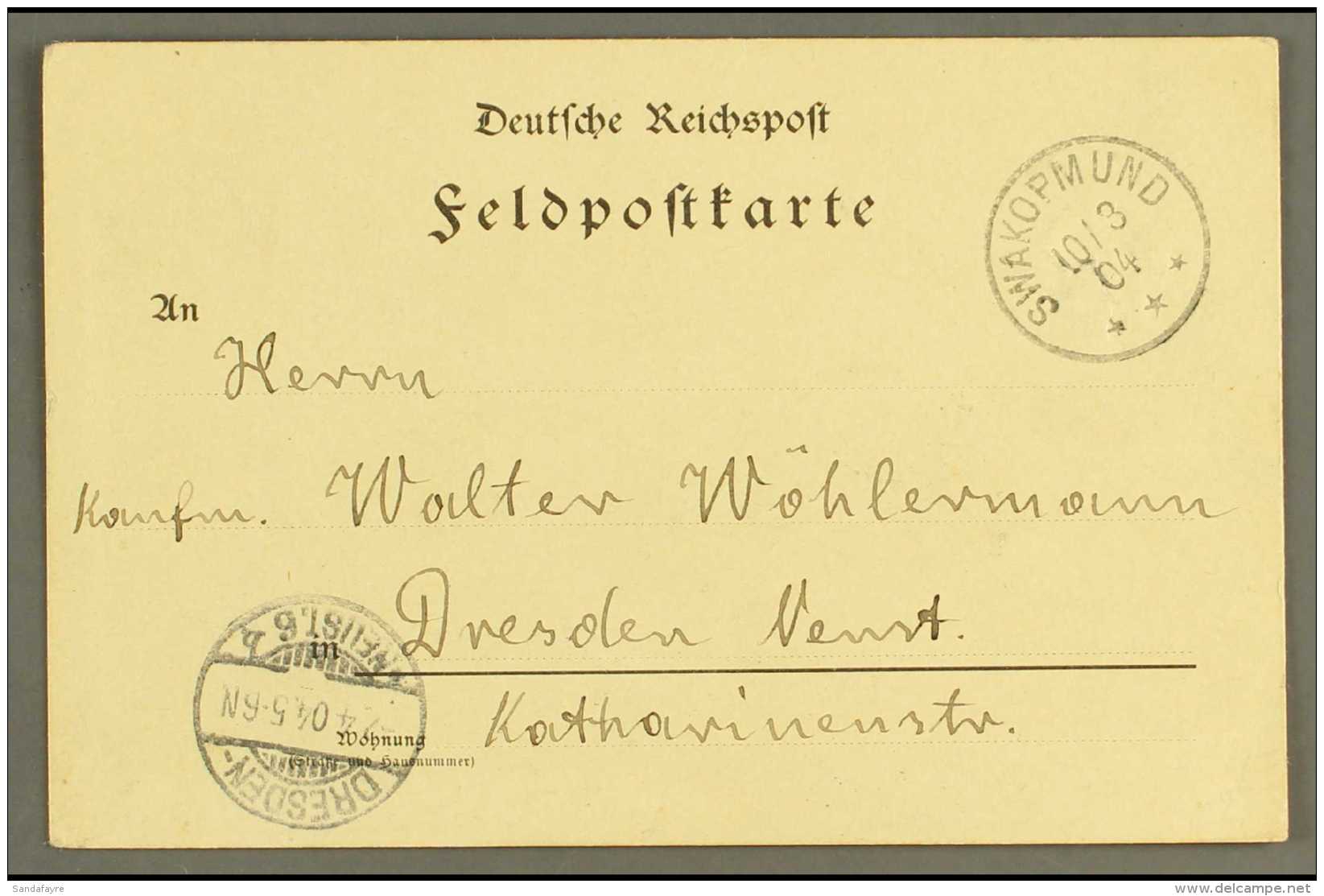 SOUTH WEST AFRICA 1904 (10 Mar) Printed Feldpost Card To Germany Showing Very Fine "SWAKOPMUND" Cds Postmark With... - Sonstige & Ohne Zuordnung