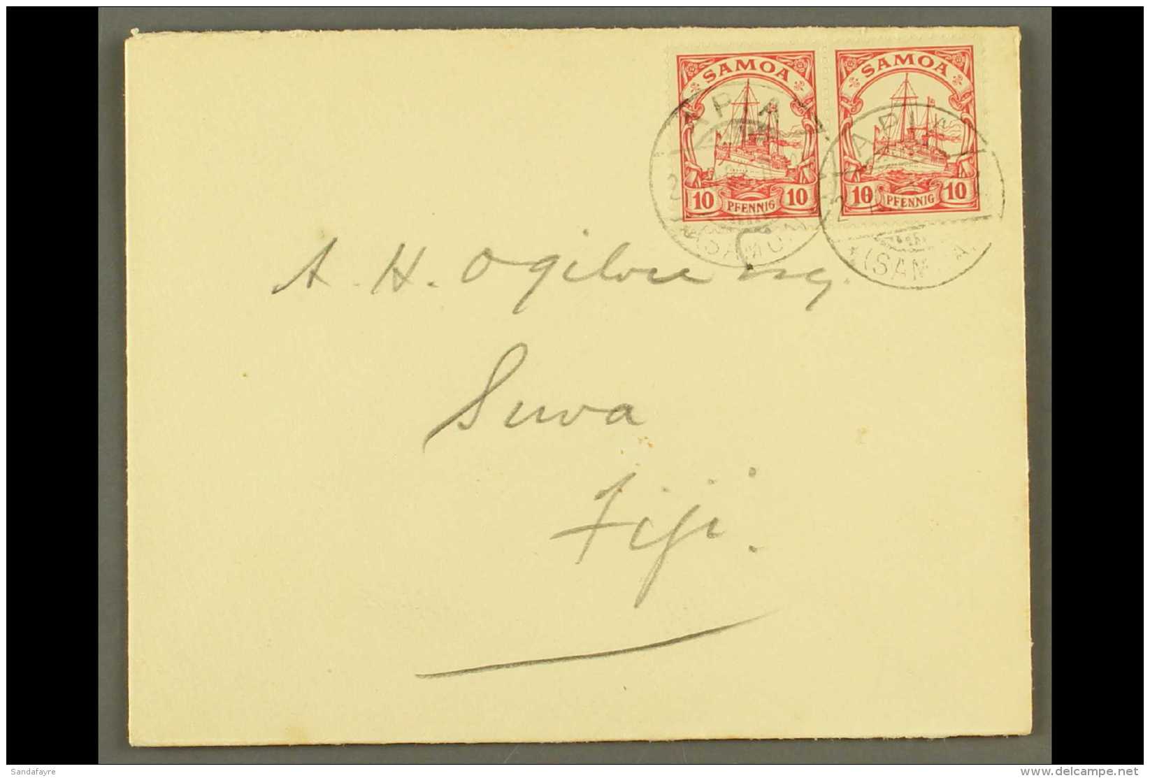 SAMOA 1903 (2 Oct) Pretty Env To Fiji Bearing A Pair Of 10pf Carmine "Yacht" Stamps Tied By APIA Cds's, Suva... - Sonstige & Ohne Zuordnung