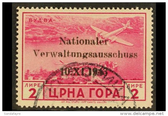 MONTENEGRO 1943 2L Rose-magenta Air National Committee Overprint (Michel 17, SG 92), Very Fine Used, Fresh,... - Andere & Zonder Classificatie