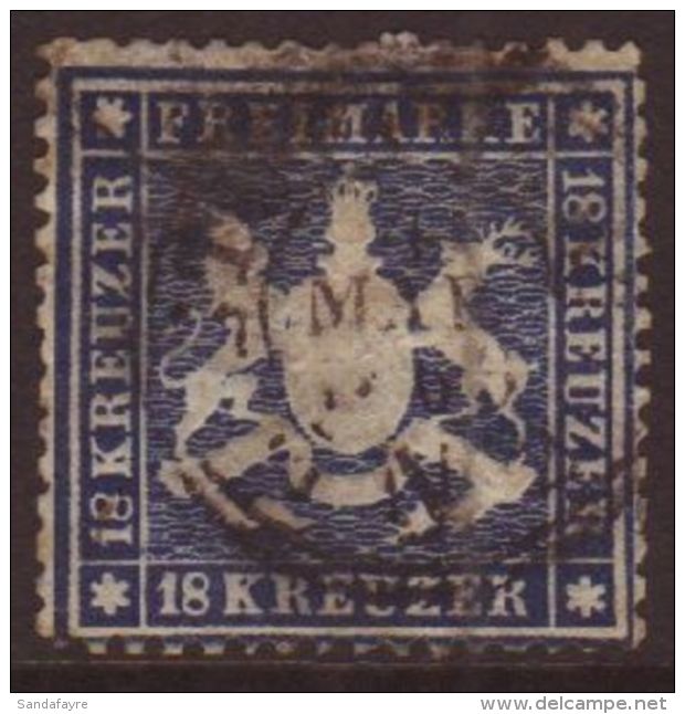 WURTTEMBERG 1861-62 18k Blue, Perf 13&frac12; On Thin Paper SG 44, (Michel 20y), Good Used With Upright Cds... - Sonstige & Ohne Zuordnung