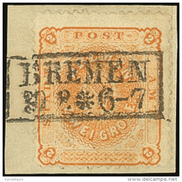 BREMEN 1866 2Gr Yellow Orange, Perf 13, Mi 10a Superb Used On Piece With Bremen 30.8.6 Cancel. For More Images,... - Sonstige & Ohne Zuordnung