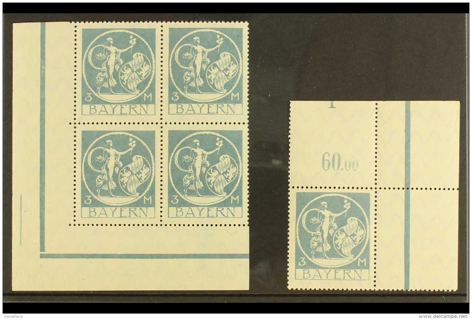 BAVARIA PLATE FLAWS 1920 3m Pale Blue, Michel 192 II Corner Block Of 4 And Michel 192 IV Corner Example, Very Fine... - Andere & Zonder Classificatie