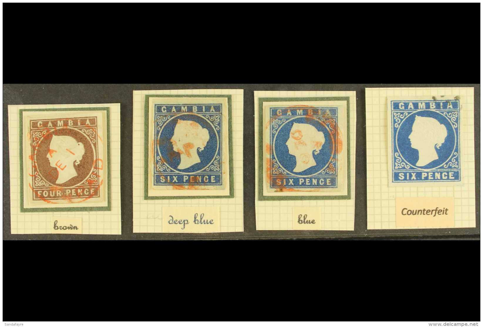 1874 4d Brown 6d Deep Blue, And 6d Blue, Wmk CC Imperf, SG 5, 7, And 8, Each Used With Four Margins And Neat Red... - Gambia (...-1964)