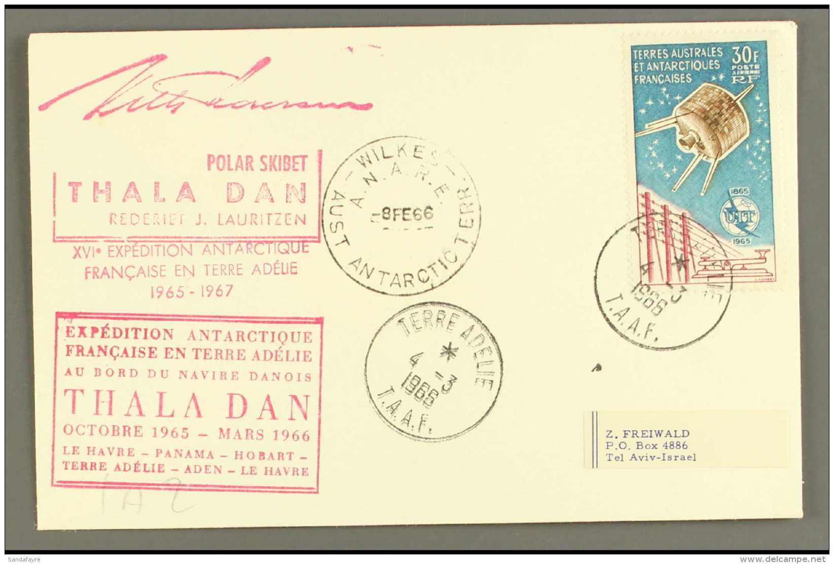 TAAF 1966 (8 Feb) Cover To Israel Bearing 1965 30f UIT Air Stamp (Maury 9) Tied Neat Terre Adelie Cds With Thala... - Autres & Non Classés