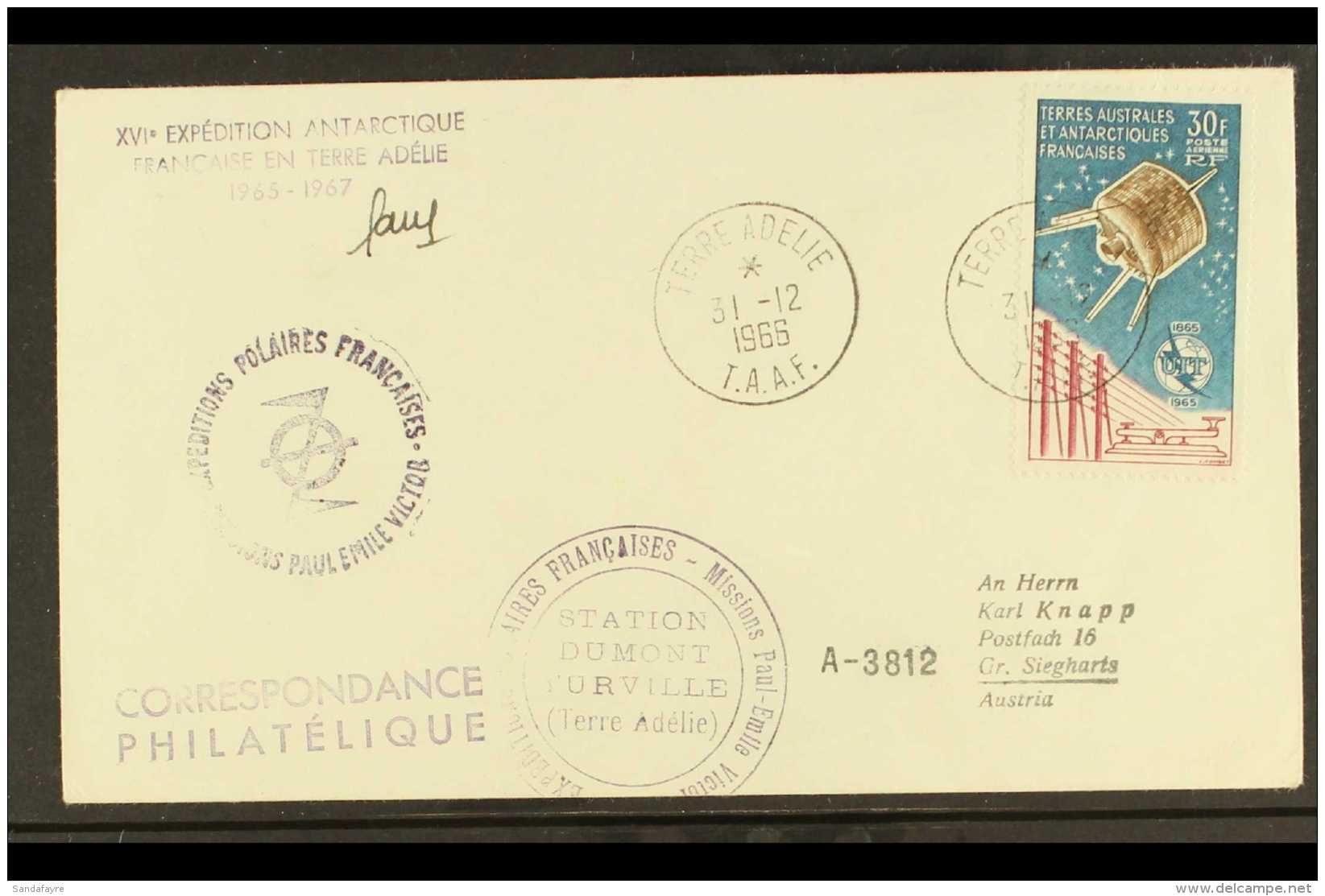 TAAF 1966 (31 Dec) Cover To Austria Bearing 1965 30f UIT Air Stamp (Maury 9), Tied Neat Terre Adelie Cds,... - Andere & Zonder Classificatie