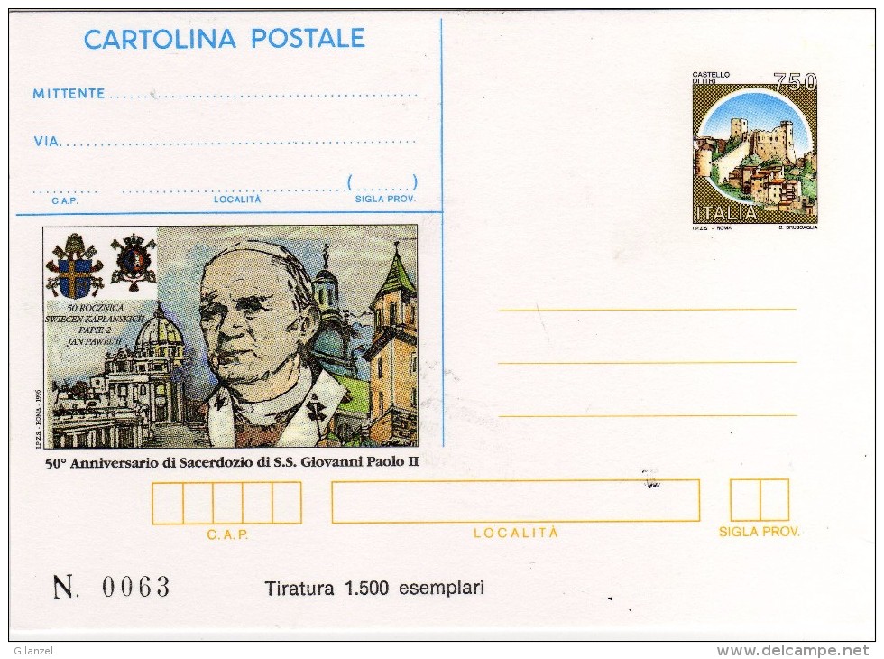Italia 1996 Cartolina Postale IPZS 50° Anniversario Sacerdozio Papa Giovanni Paolo II Nuova - Interi Postali