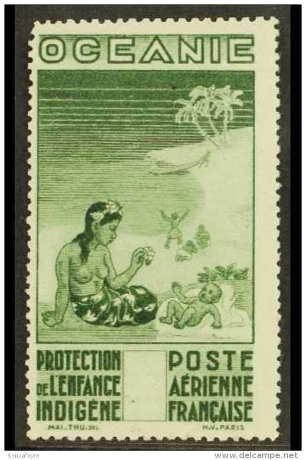 FRENCH OCEANIA 1942 1fr 50 + 3fr 50 Green Native Child Protection, Variety "Figure Of Value Omitted", Yv 4a, Very... - Sonstige & Ohne Zuordnung