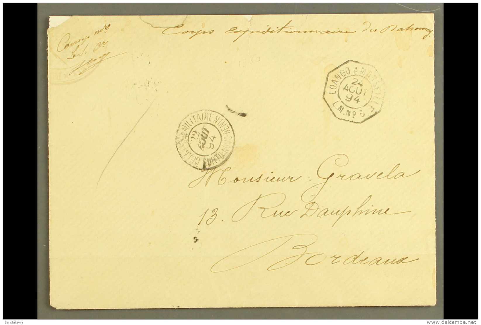 BENIN 1892 Cover To Bordeaux, France With M/s "Corps Expeditionnaire Du Dahomey" With "Correspce Militaire Porto... - Sonstige & Ohne Zuordnung