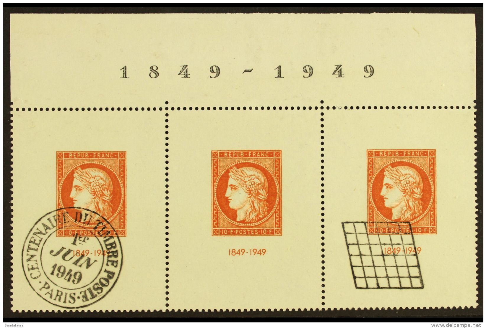 1949 CITEX Stamp Centenary Top Marginal Horizontal STRIP Of 3 With '1849 - 1949' On The Margin, Yvert 841b, Very... - Sonstige & Ohne Zuordnung