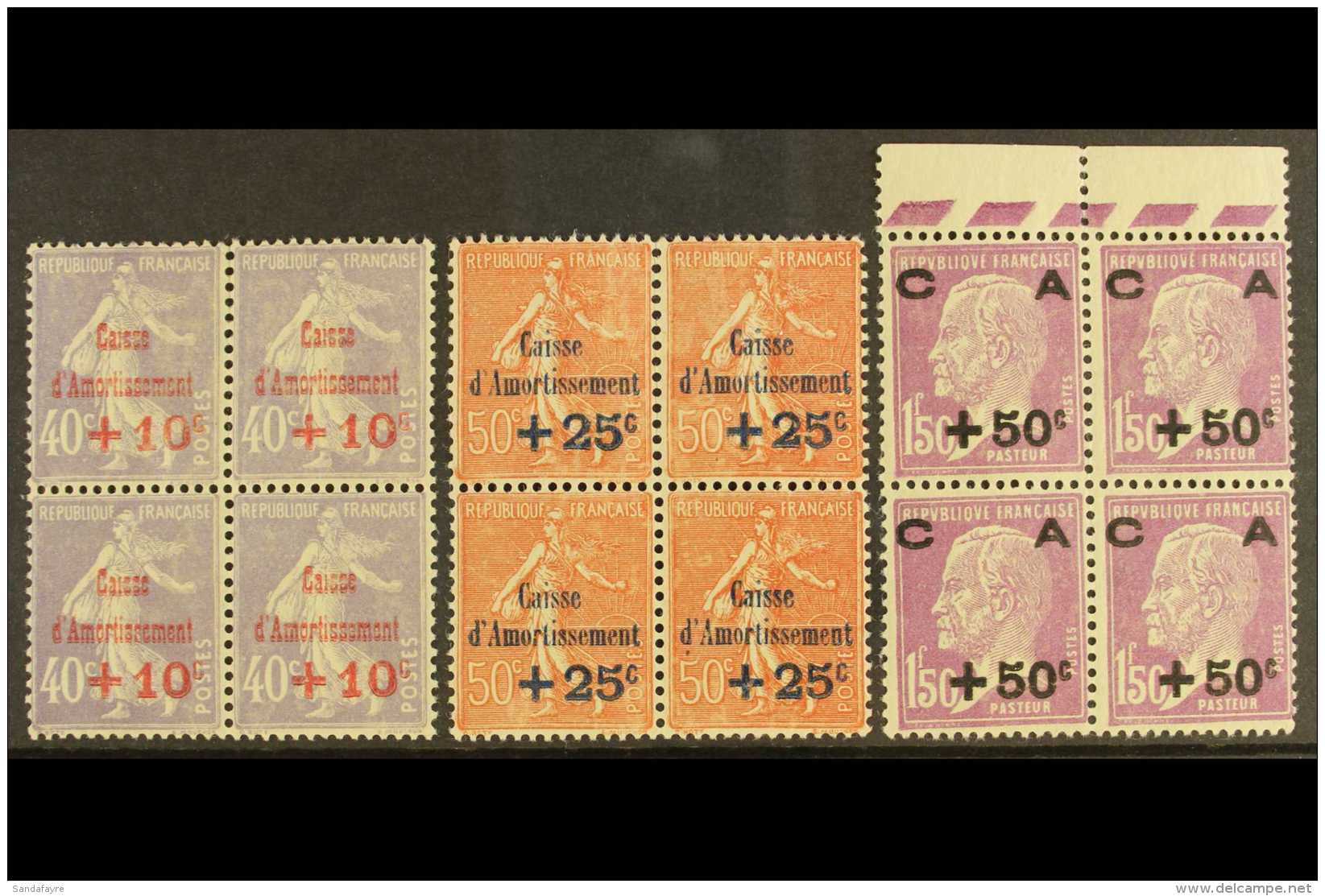 1928 "Caisse D'Amortissement" (Sinking Fund) Set (Yvert 249/51, SG 466/68) In NEVER HINGED MINT BLOCKS OF FOUR. (3... - Andere & Zonder Classificatie