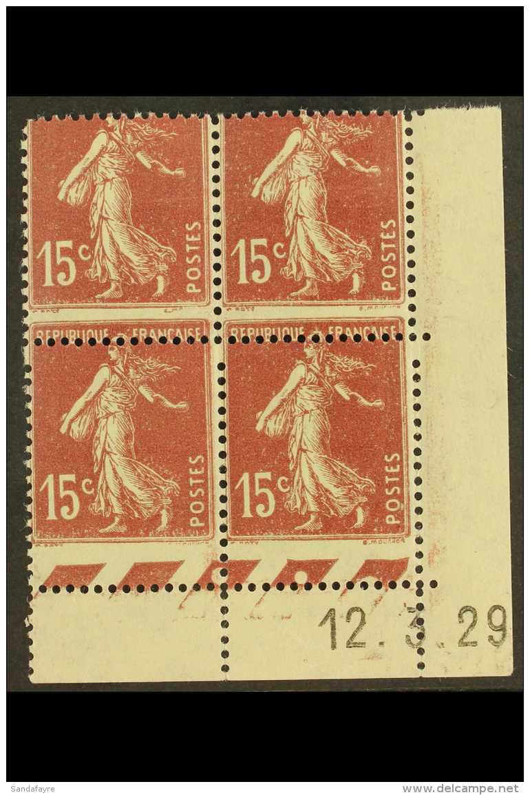 1924-26 15c Lake-brown Sower Type I, Yvert 189, SG 414, Very Fine Never Hinged Mint Corner Dated BLOCK Of 4... - Andere & Zonder Classificatie