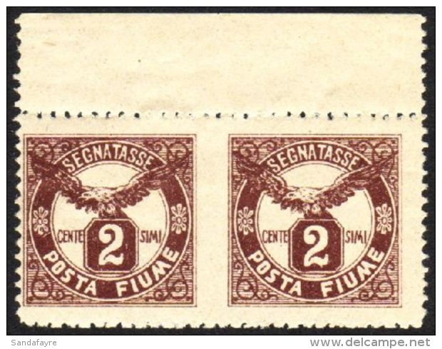 POSTAGE DUES 1919 2c Brown, Variety "HORIZONTAL PAIR IMPERF BETWEEN", Sass. 13b, Very Fine Mint, Fresh &amp;... - Fiume