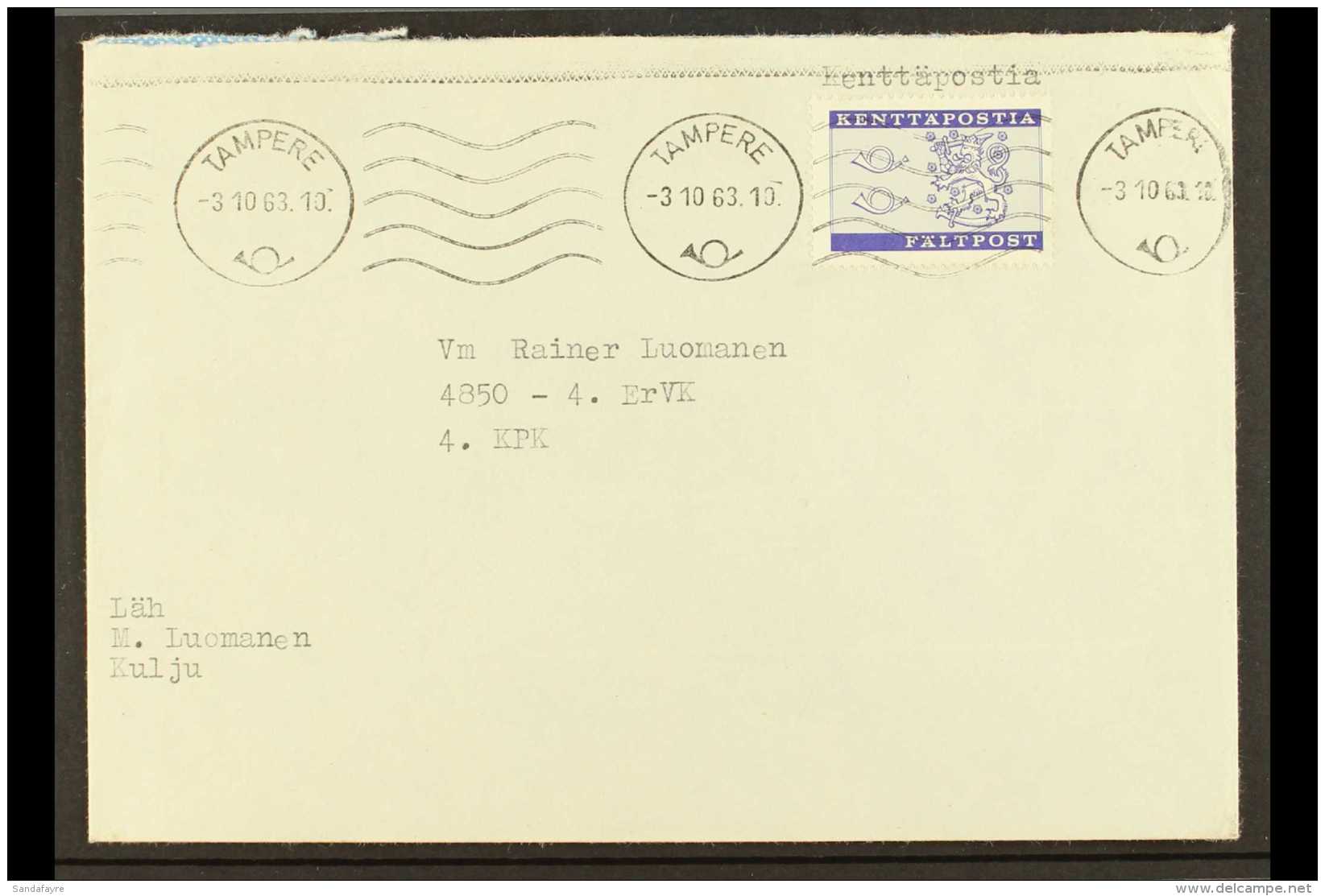 MILITARY FIELD POST 1963 (3 Oct) Cover Bearing Kenttaposta (-) Bluish Violet Stamp (Michel 8, SG M688, Facit F.8)... - Andere & Zonder Classificatie