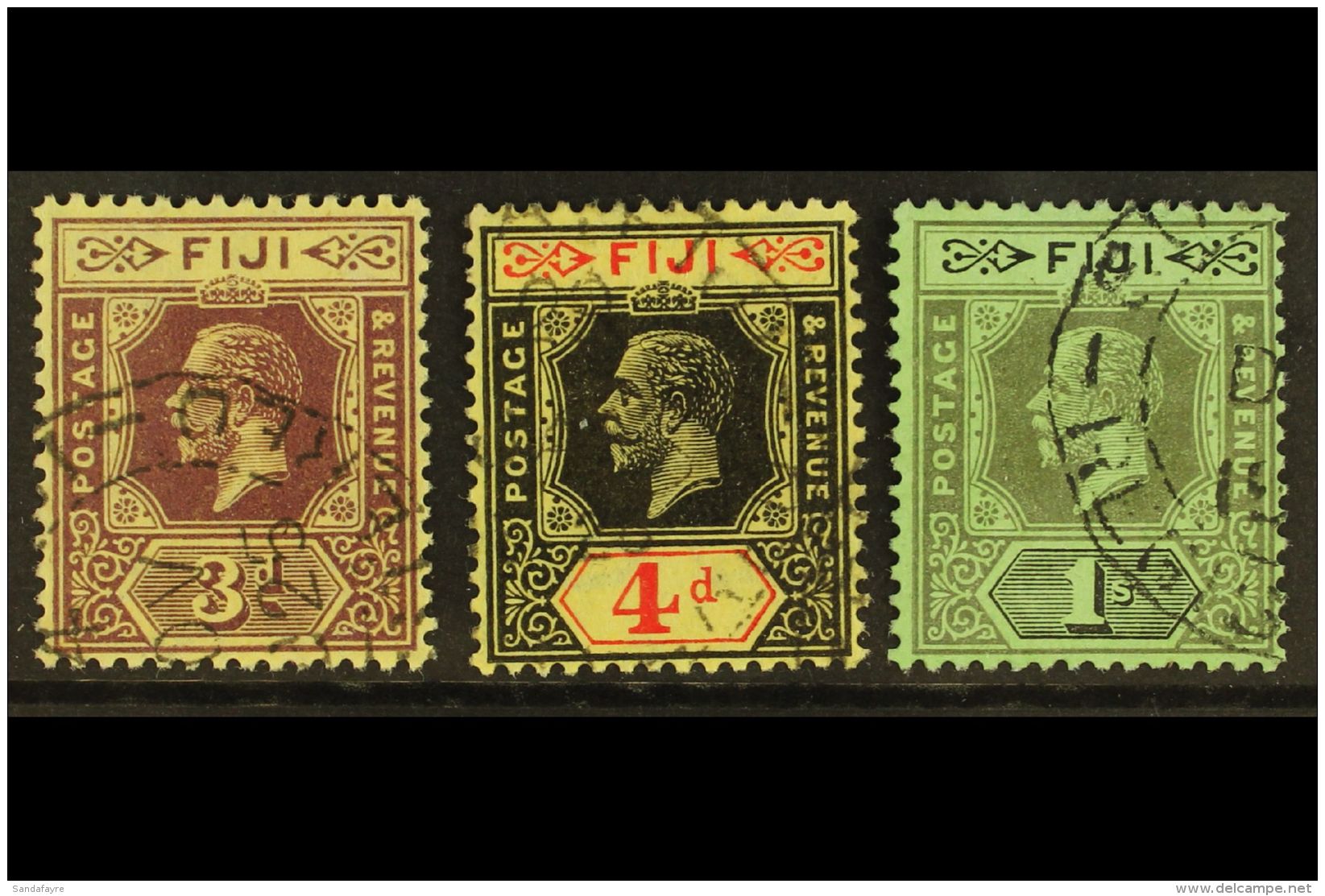 1912-23 3d Purple On Pale Yellow, 4d Black &amp; Red On Pale Yellow And 1s Black On Emerald Green All Watermark... - Fidschi-Inseln (...-1970)