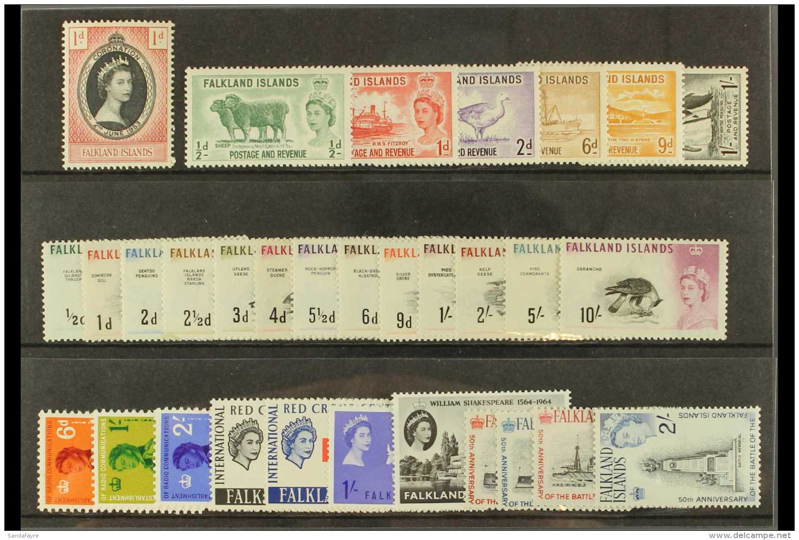 1953-66 VERY FINE MINT COLLECTION On A Stockcard. Inc 1953 Coronation, 1955-57 Defin Set, 1960-66 Bird Defins -... - Falklandeilanden