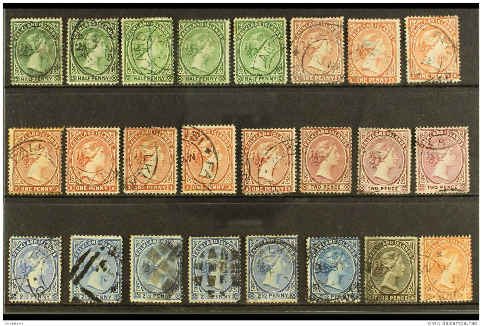 1891-1902 Used Range On A Small Stock Card, Various Shades With &frac12;d (x5), 1d (x8), 2d (x3), 2&frac12;d (x6... - Falklandeilanden