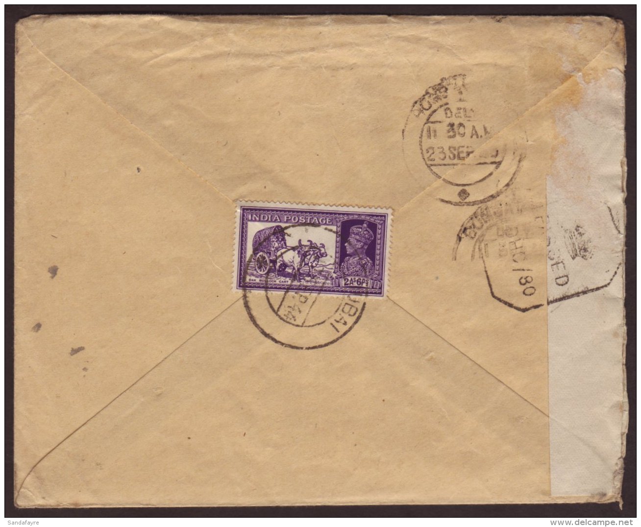 1944 INDIA USED IN: (17th September) Envelope To Bombay, Bearing On The Flap KGVI 2a 6p Violet, Tied By Crisp... - Dubai