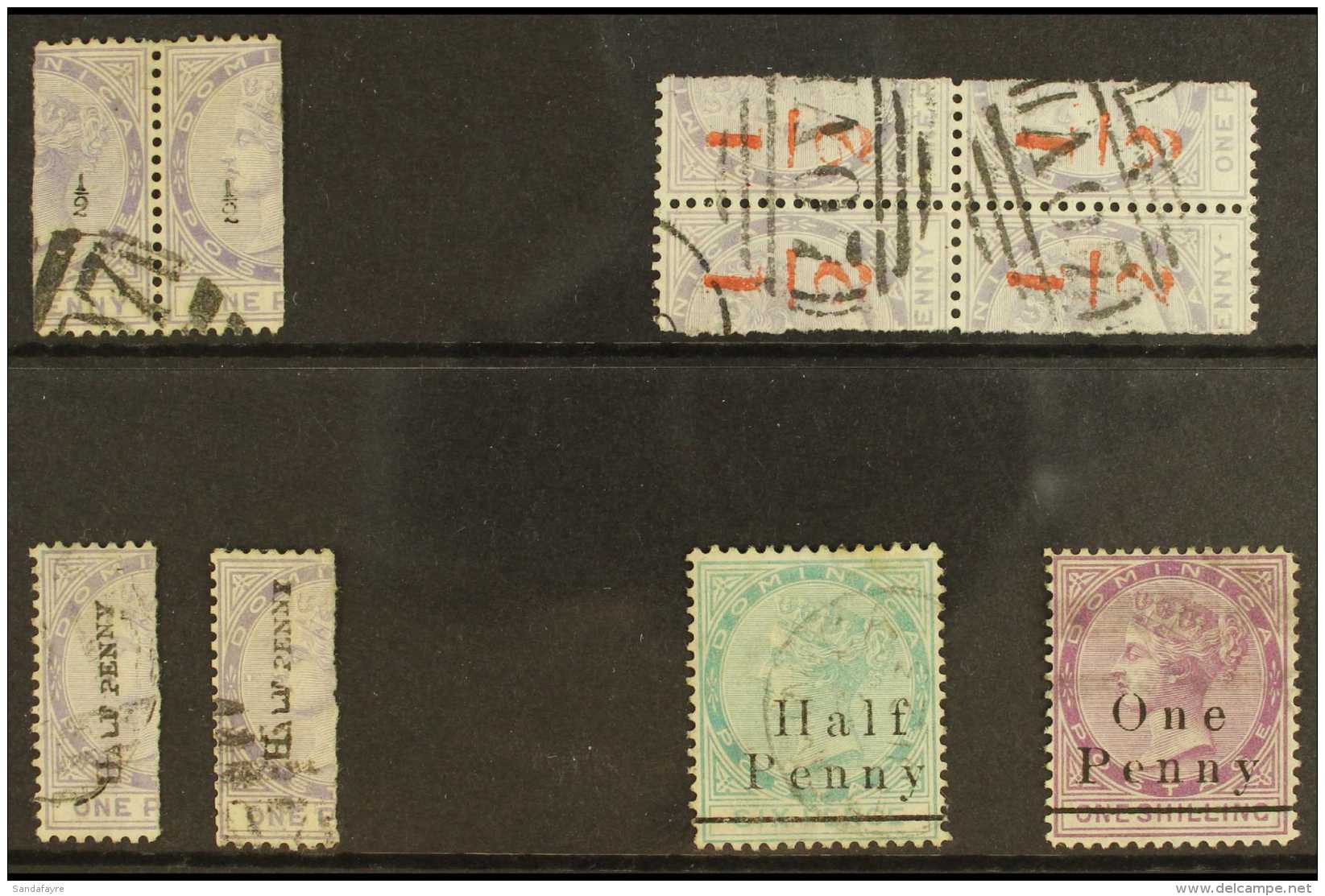 1882-86 USED SURCHARGE SELECTION Includes 1882-85 Bisects With &frac12;d On 1d In Black (both Halves - Joined),... - Dominica (...-1978)