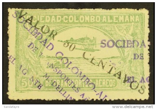 SCADTA PRIVATE AIR 1921 Diagonal Violet Surcharge 30c On 50c Dull Green (SG 7, Scott C20, Michel 8 II) Fine Used.... - Colombia