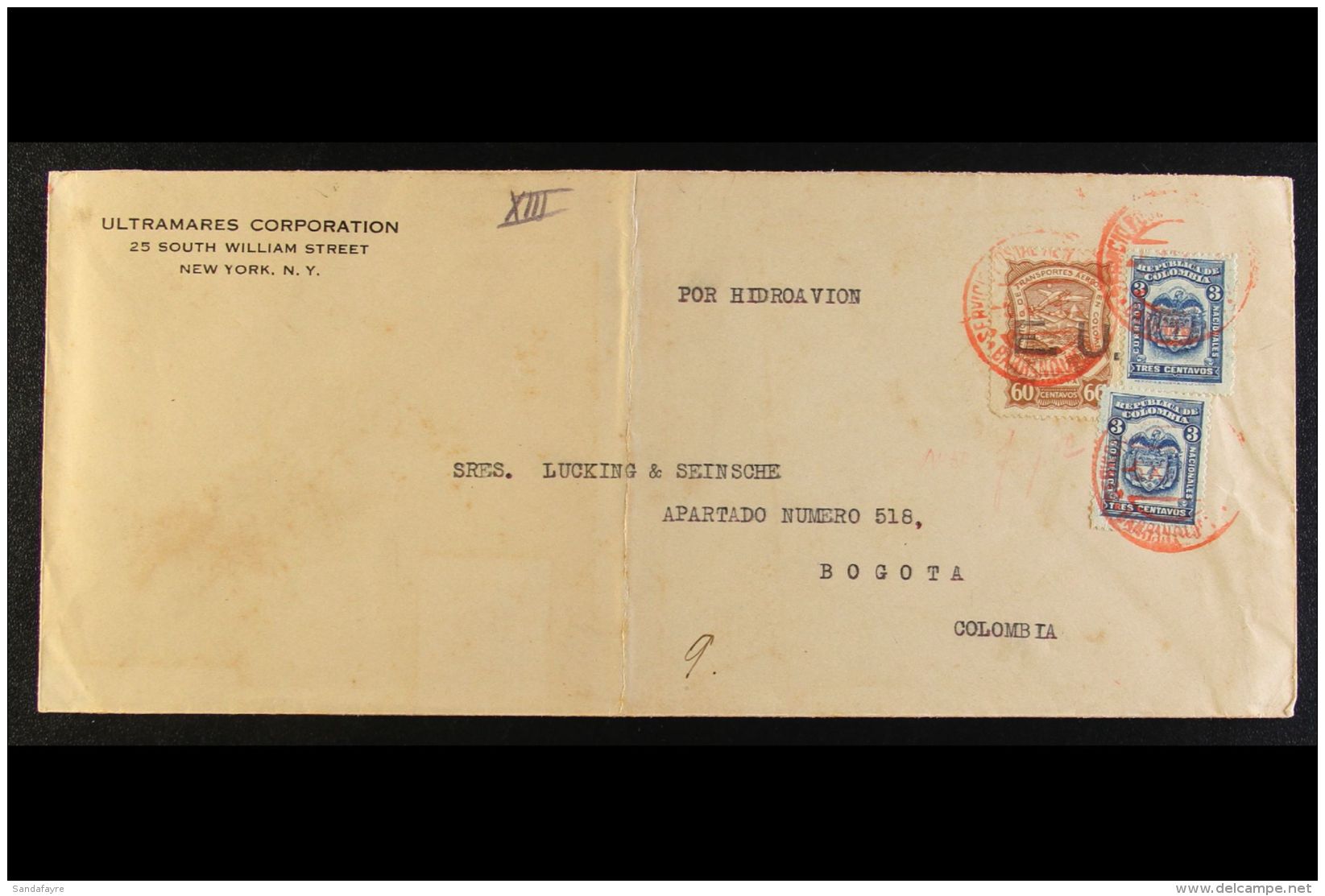 SCADTA 1923 COMMERCIAL COVER From New York To Bogota, Endorsed "POR HIDROAVION", And Bearing 1923 60c Yellow-brown... - Kolumbien